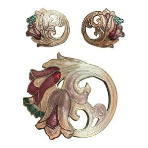 Vintage Cloisonné Floral Brooch & Clip-On Earrings Set Art Nouveau Style J10